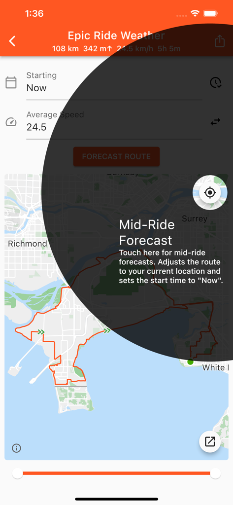 Epic Ride Weather - Epic Ride Weather app interface showing the mid-ride forecast feature on a cycling route map