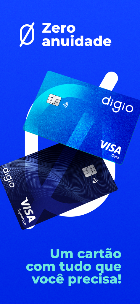 Digio Visa Gold and Signature credit cards displayed on a blue background with zero annual fee text.