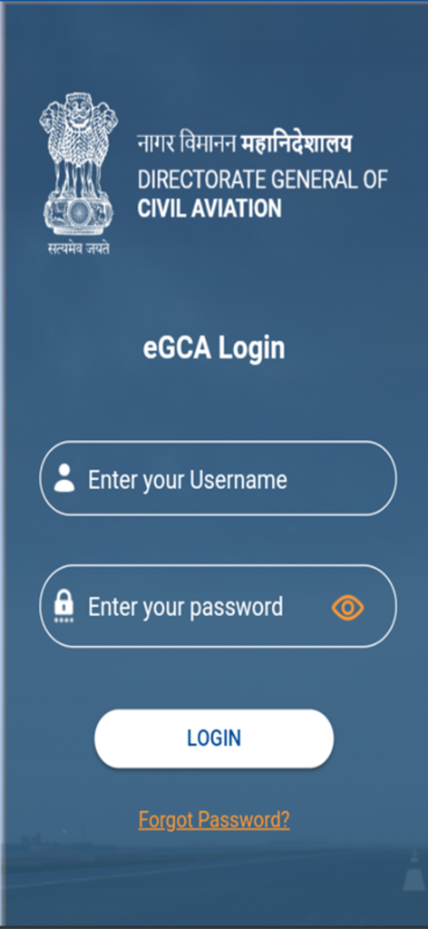eGCA - Login screen of the eGCA mobile app for pilots with username and password fields and the DGCA logo