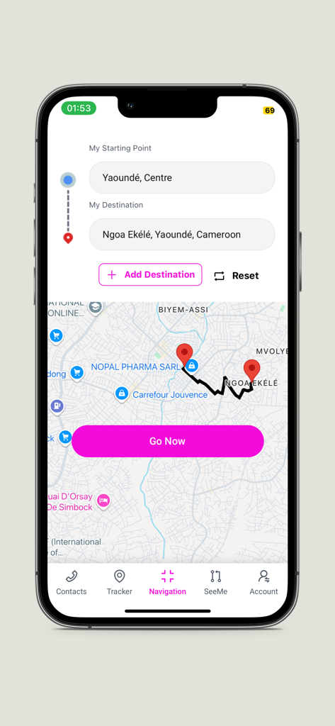 Seemeglobal app interface showing GPS navigation and route tracking on a map
