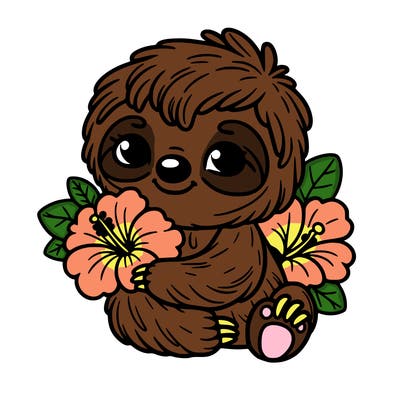 baby sloth holding hibiscus flowers