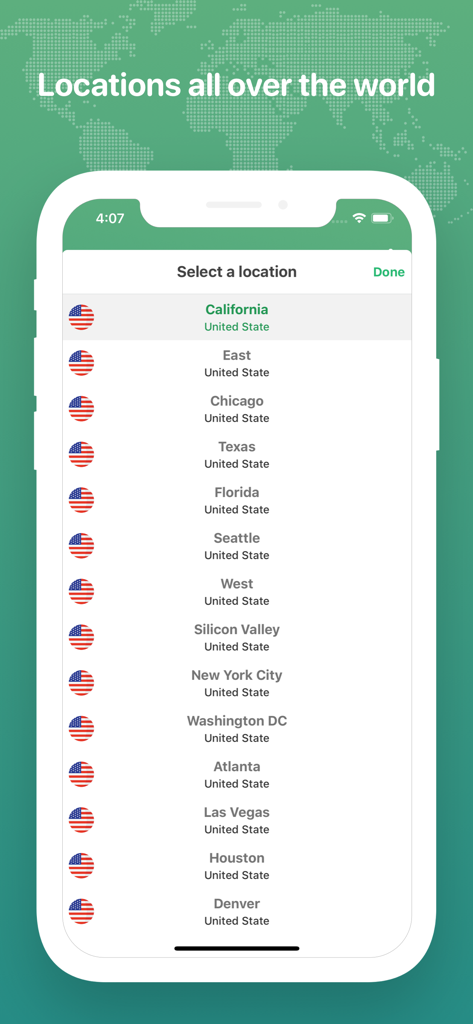 VPN: super unlimited proxy vpn - Eine Liste von US-Stadtserverstandorten in der Benutzeroberfläche der Super Unlimited Proxy VPN App