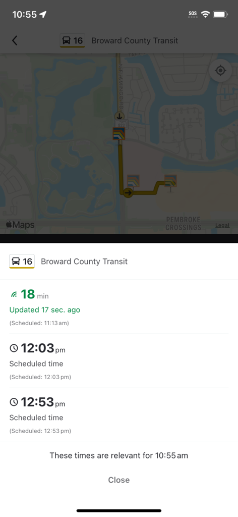 SoFloGO - SoFloGO app interface showing live bus tracking and arrival times for Broward County Transit route 16