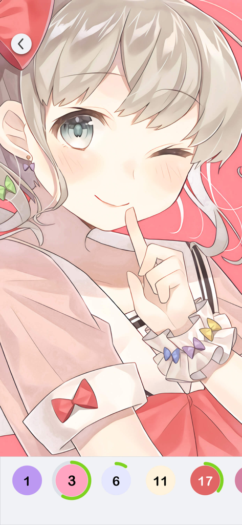 Anime Paint - Color By Number - Interfaz de la app Anime Paint mostrando una chica de anime guiñando el ojo con secciones de coloreado numeradas