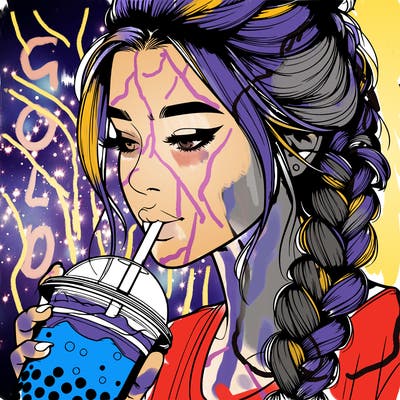 realistic girl drinking boba tea with braided hair