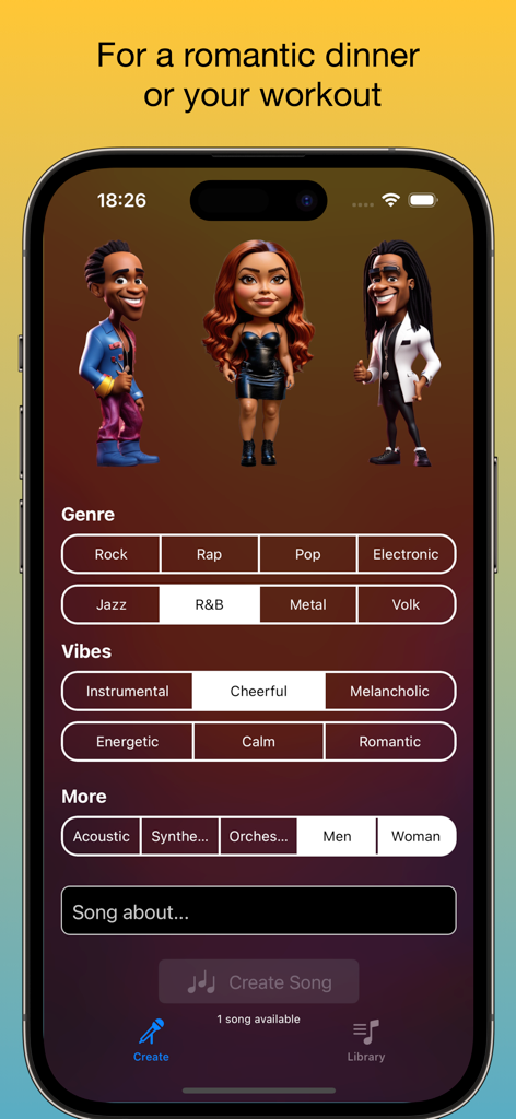 La pantalla de creación de la aplicación djAI que muestra opciones de ambiente de género y selección de voz para generar música con IA