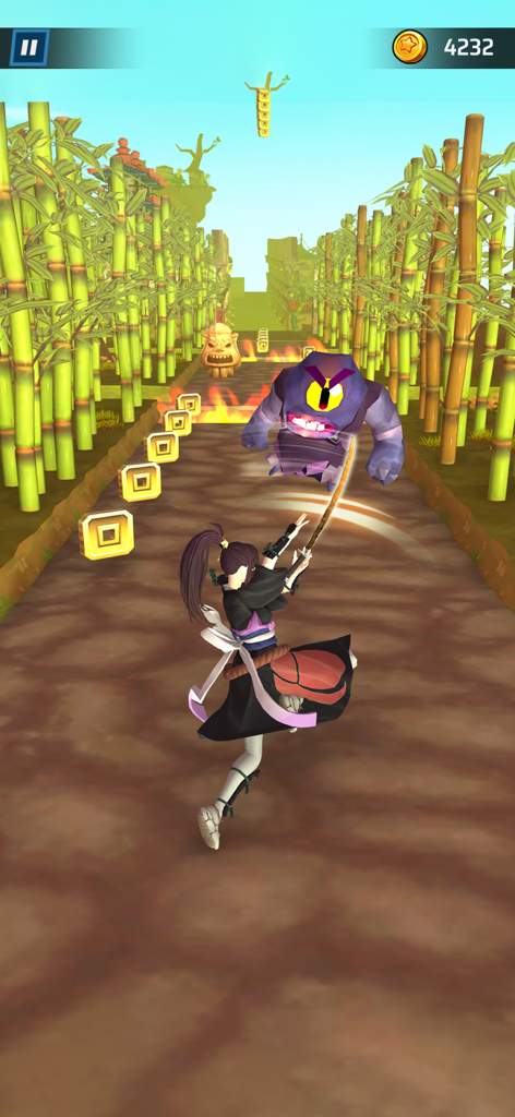 Ninja Games - Stickman Games - Personaje ninja femenino usando una espada contra un monstruo en un bosque de bambú