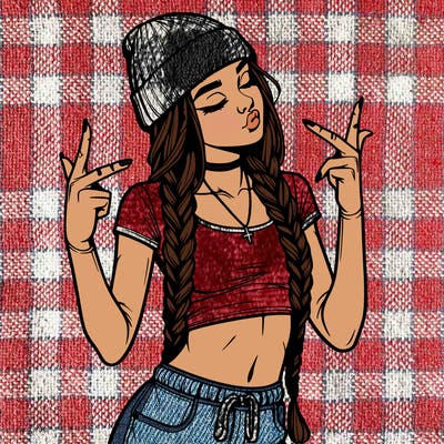 realistic teenage girl with braids and a beanie and crop top doing 🫶🏼