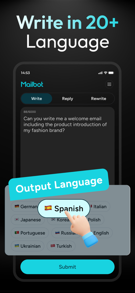Mailbot - AI Email Writer - Interface of Mailbot AI Email Writer showing multilingual support with over 20 languages available for output.