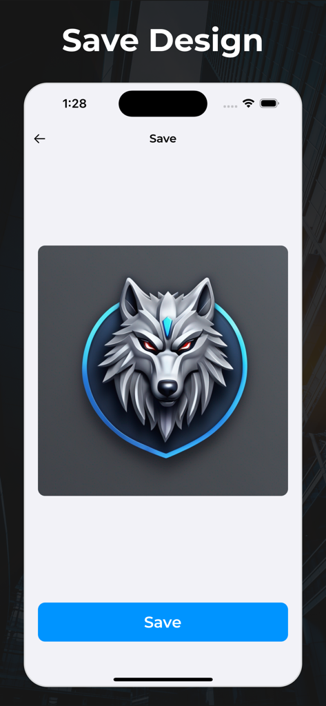 AI Logo Maker: Logo Creator - Pantalla de guardado de la aplicación Creador de Logos con IA mostrando un logo de mascota de cabeza de lobo plateado.