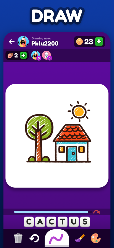 Pictionic: Draw & Guess Words - A user drawing a house and tree in the Pictionic app interface