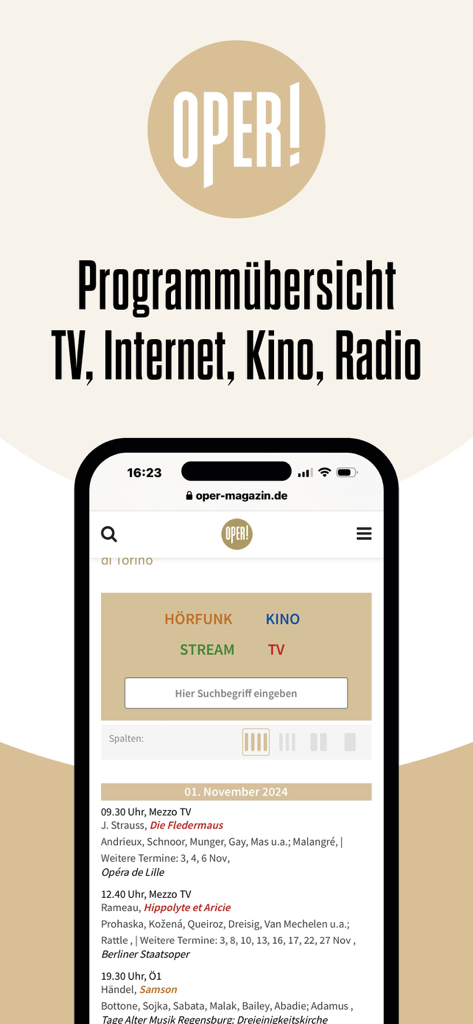 OPER app interface showing a program overview for opera performances on TV radio and digital streams