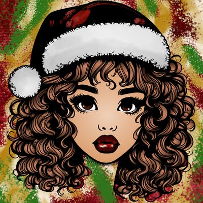 realistic girl with a santa hat curly hair and lips