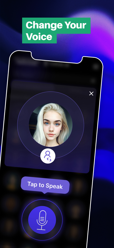 Voice.ai: Voice Changer - Voice.ai app interface showing the tap to speak button and a voice profile