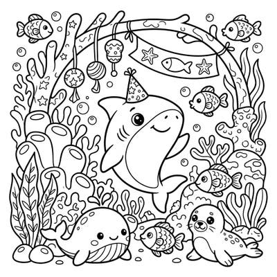Celebrate a fin-tastic milestone with this enchanting baby megalodon coloring page, perfect for baby showers. Join the tiny shark and its adorable marine friends in a whimsical underwater party scene.