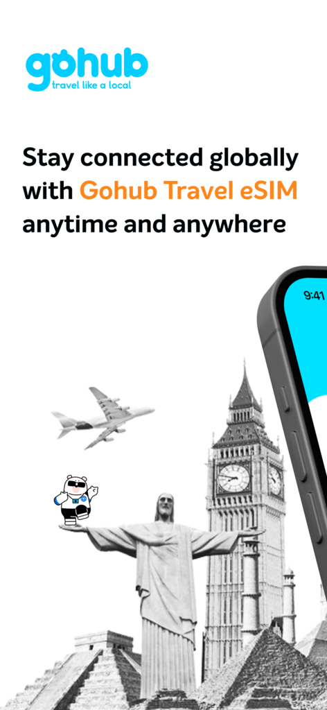 Gohub eSIM - Gohub Travel eSIM app screenshot showing global landmarks and travel connectivity message