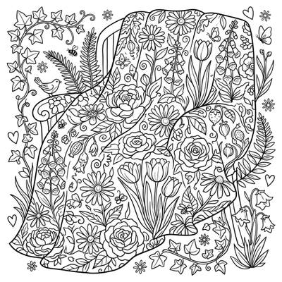 Dive into a world of botanical beauty with this captivating coloring page featuring a cozy garden floral throw. Designed for teens, it offers an intricate escape filled with detailed flowers and charming garden elements.