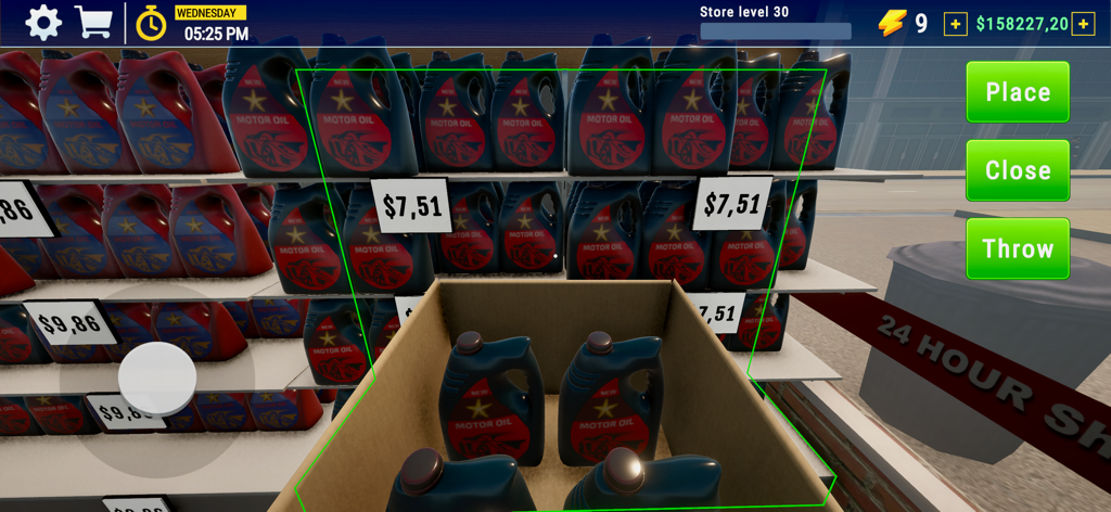City Gas Station Simulator 3D - A player restocking motor oil jugs on a shelf in a gas station convenience store