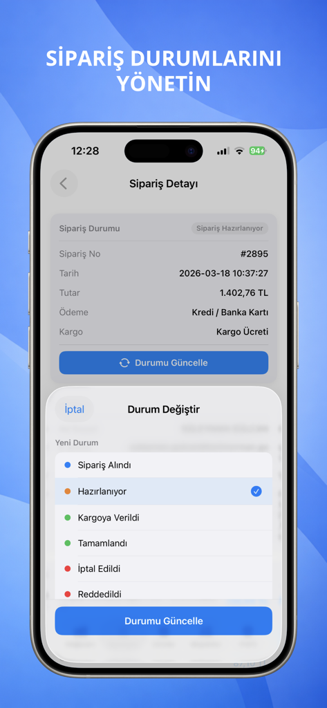OpenCart Admin - Interface mobile de l'application OpenCart Admin montrant les options pour mettre à jour le statut des commandes comme Traitement et Expédié.