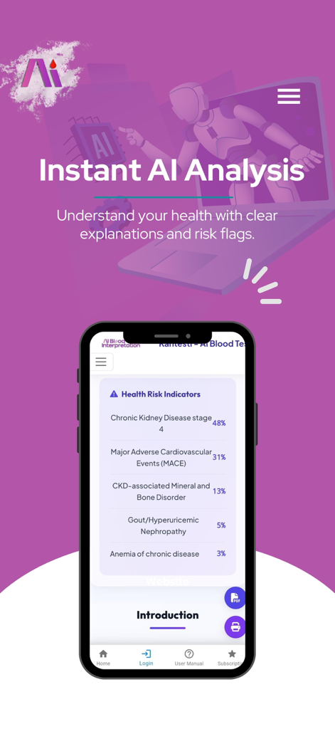 Kantesti – AI Blood Test - Kantesti app screen showing health risk indicators and AI-powered blood test analysis