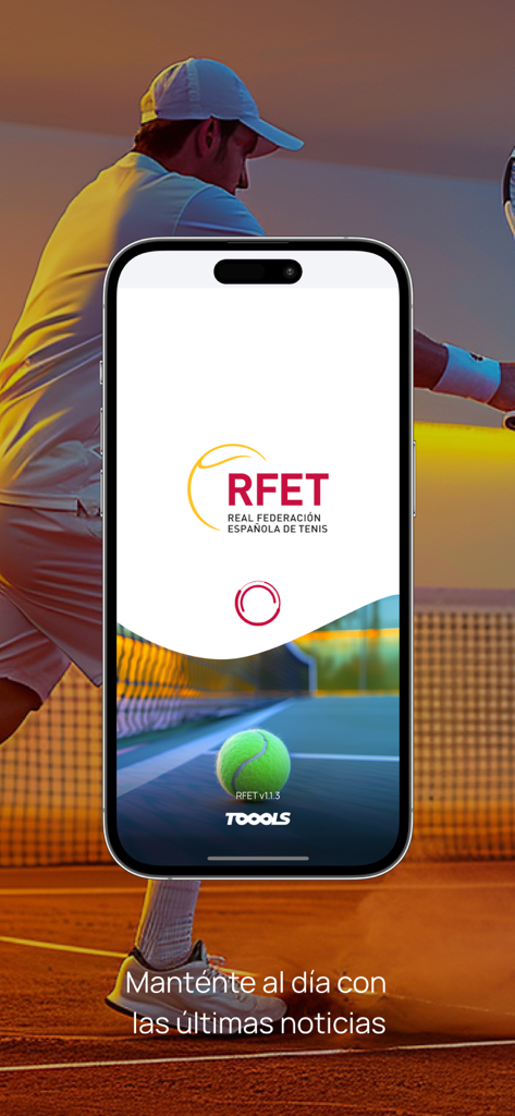 RFET - RFET offizielle App-Startbildschirm mit dem Logo der Spanischen Tennis-Föderation und einem Tennisplatz-Hintergrund