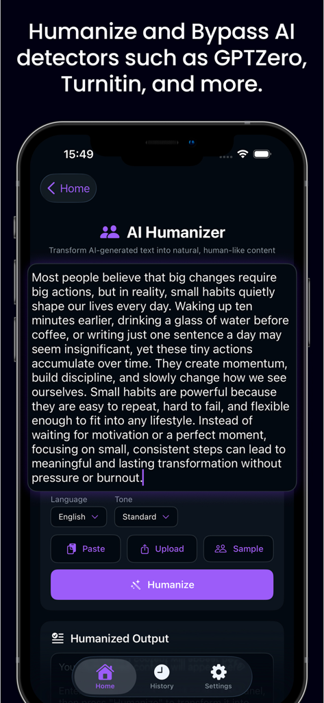 Grubby AI Humanize AI Text - Grubby AI app interface showing how to humanize text and bypass AI detectors