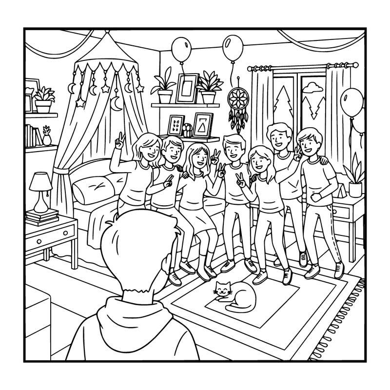 group of teenagers posing for a picture at a birthday party.  background is a boho teenage bedroom