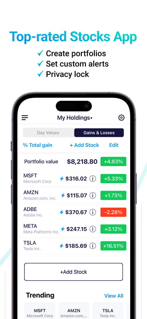 Stocks+ app - Stocks plus app interface showing a stock portfolio with gains and losses