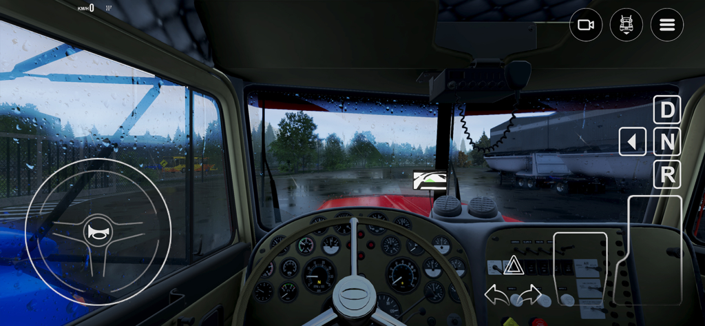 Detailed interior of a semi-truck cabin with a realistic dashboard and rainy windshield