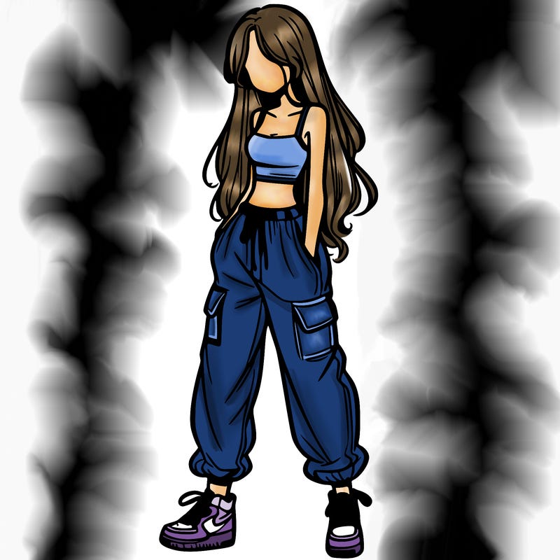 girl in baggy pants crop top and long hair