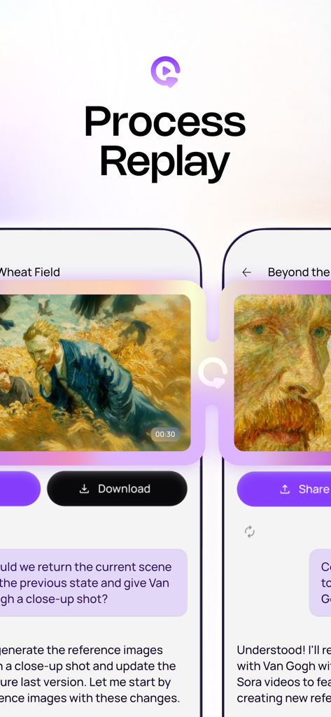 Medeo - AI Video Generator - Medeoアプリのインターフェース。チャットベースの動画作成と、編集シーンのためのプロセスリプレイ機能を示しています。