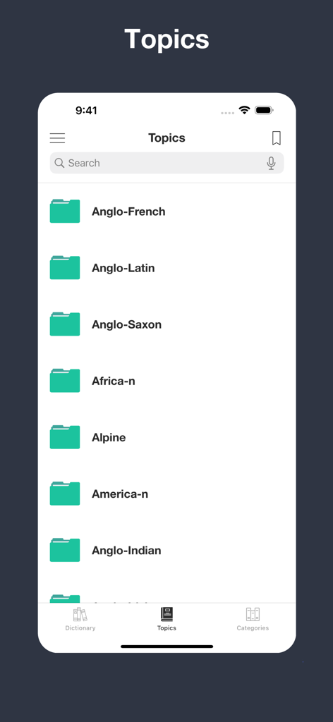 Modern English Etymology - Screenshot of the Modern English Etymology app showing a list of linguistic origin topics such as Anglo-Saxon and Anglo-Latin.