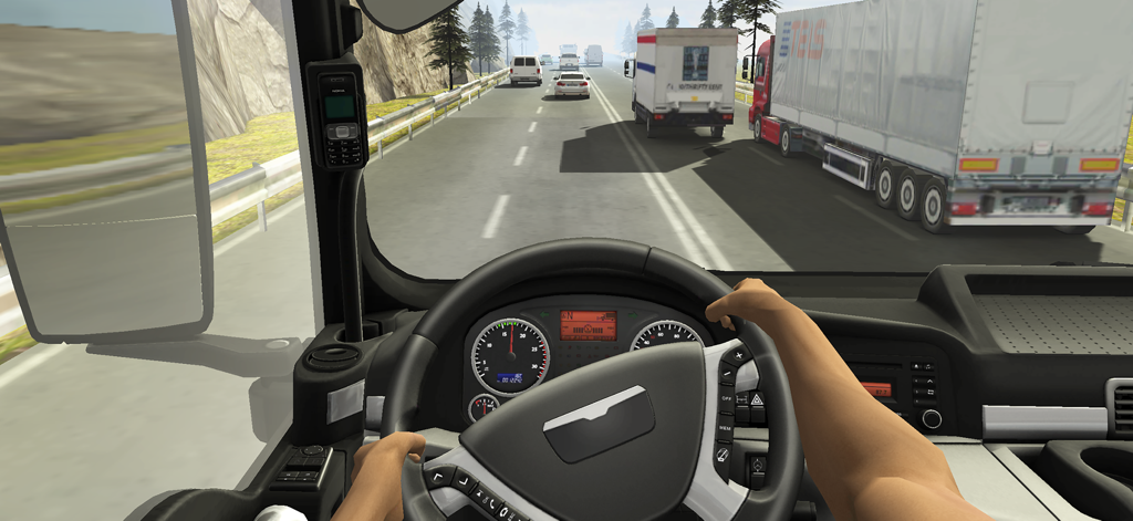 Truck Racer 3D - Vista de cockpit em primeira pessoa de um caminhão dirigindo pelo tráfego da rodovia no Truck Racer 3D
