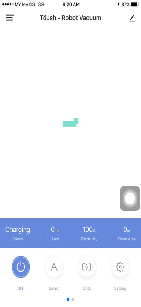 Interface do aplicativo Toush mostrando o status de carregamento e os controles de um aspirador robô inteligente.