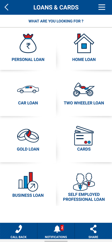 Main dashboard of HDFC Loan Assist app displaying options for Personal, Home, Car, and Business loans.