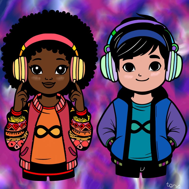 an afroamerican girl with headphones and a boy with headphones, they have an ♾️ symbol on their shirt