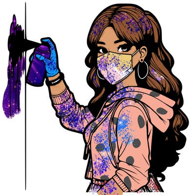 realistic girl with mask spray painting a wall
