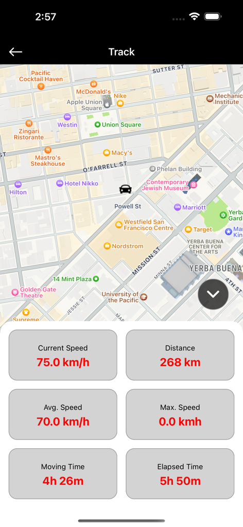 Speedometer - GPS Speedometer - GPS speedometer app interface showing real-time speed, distance, and trip time metrics over a city map