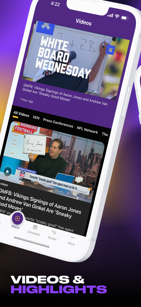 Minnesota Vikings - The video and highlights screen of the Minnesota Vikings official mobile app showing the Whiteboard Wednesday segment.