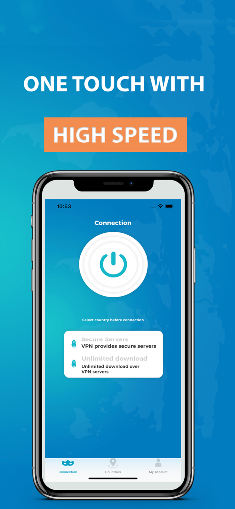 VPN Extra - Limitsiz VPN - VPN Extra app interface showing the one-touch high-speed connection screen on an iPhone