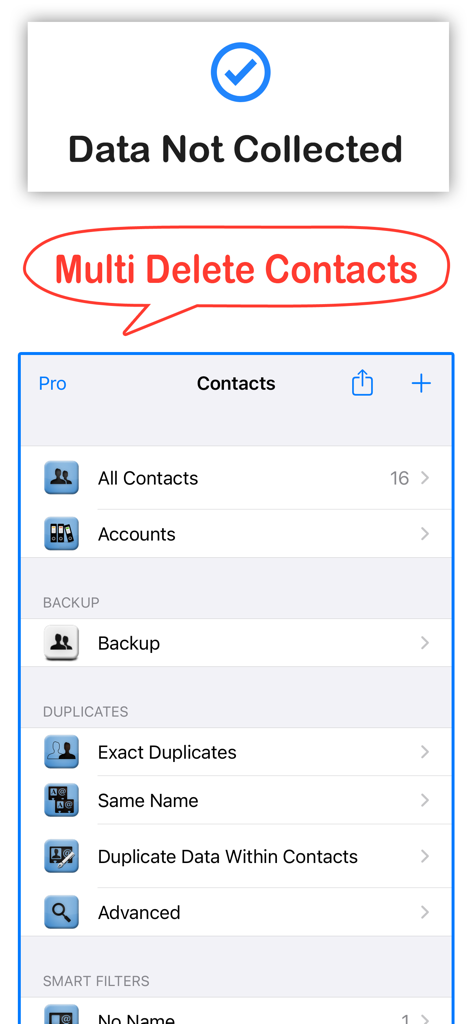 Interface of the Delete Contacts plus app showing options for multi-deleting contacts and finding duplicates