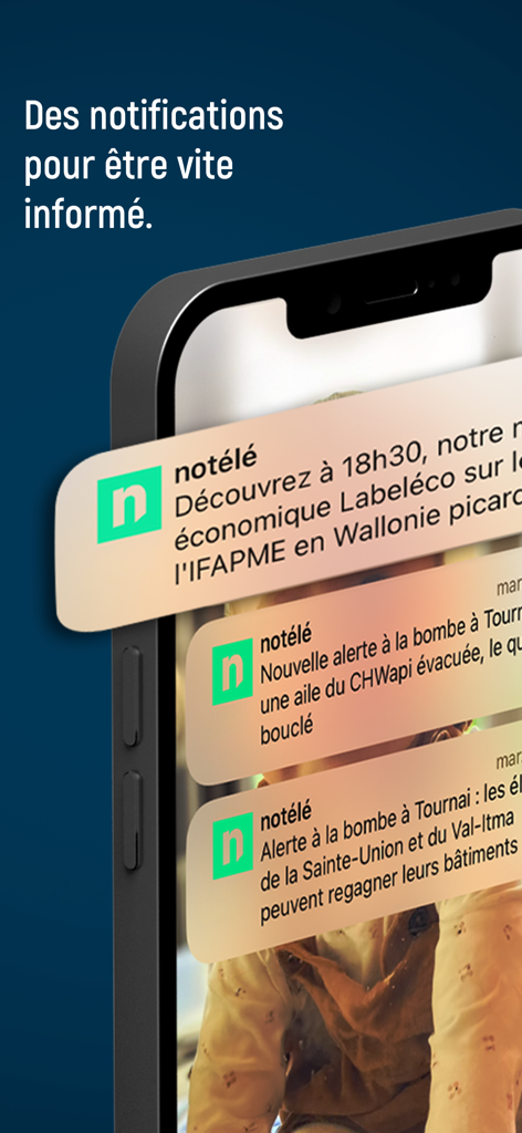 notélé - iPhone screen showing multiple push notifications for local Belgian news from the notele app