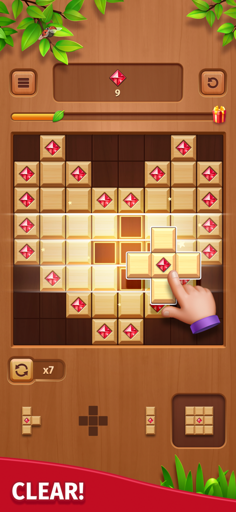 Cube Block - Woody Puzzle Game - A person's hand placing a wooden block on a grid to clear a row in the Cube Block Woody Puzzle Game.