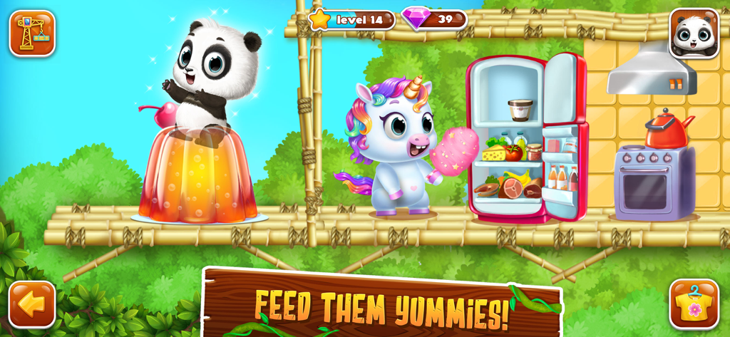 Panda Lu Treehouse - A baby panda sitting on a jelly and a unicorn with cotton candy near an open refrigerator in the Panda Lu Treehouse game.