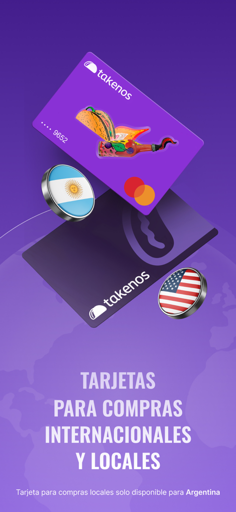 Takenos fintech cards for international and local purchases with USA and Argentina flags