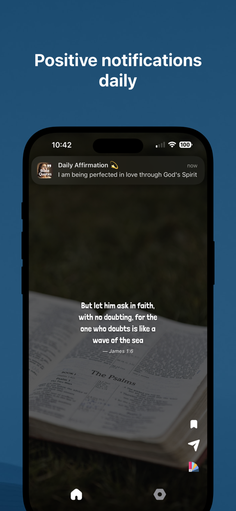 Bible Quotes ai: Verse Widget - iPhone screen showing a daily affirmation notification and a scripture verse from James 1:6 on the Bible Quotes app