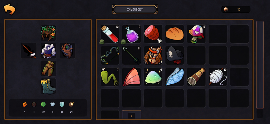 Pantalla de inventario y equipo en Hero Tale Idle RPG mostrando el equipo del personaje y varios objetos conseguidos