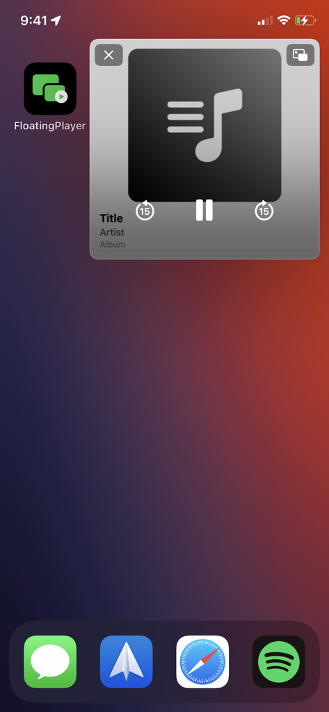 FloatingPlayer: Music Player - Floating music player interface on an iPhone home screen using Picture in Picture mode