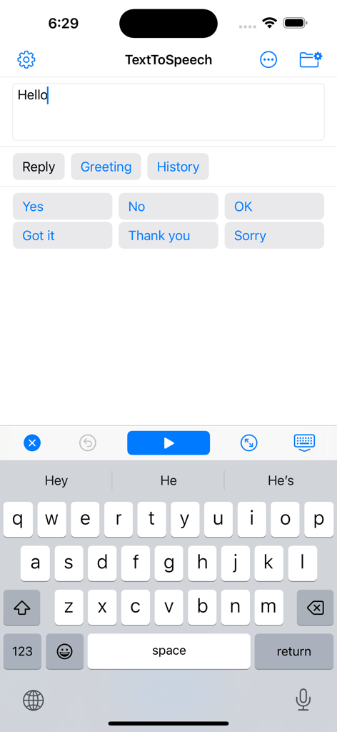 Text To Speech - Read Aloud - Text to speech app interface with preset phrase buttons and text entry field.
