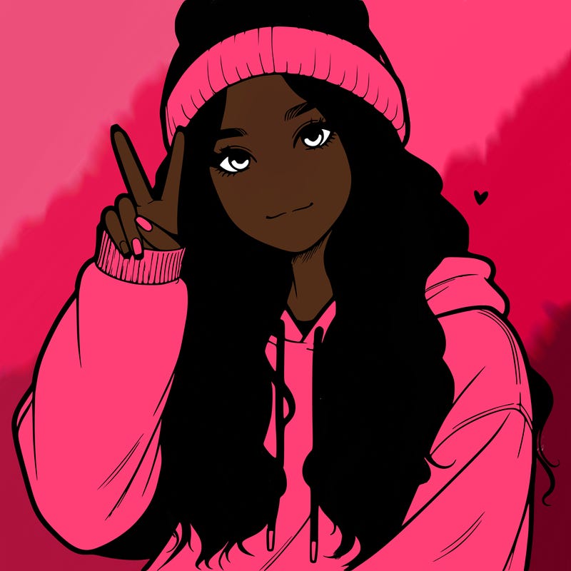 a teenage girl in a beanie, oversized sweatshirt, wavy long hair, and is showing a ✌️